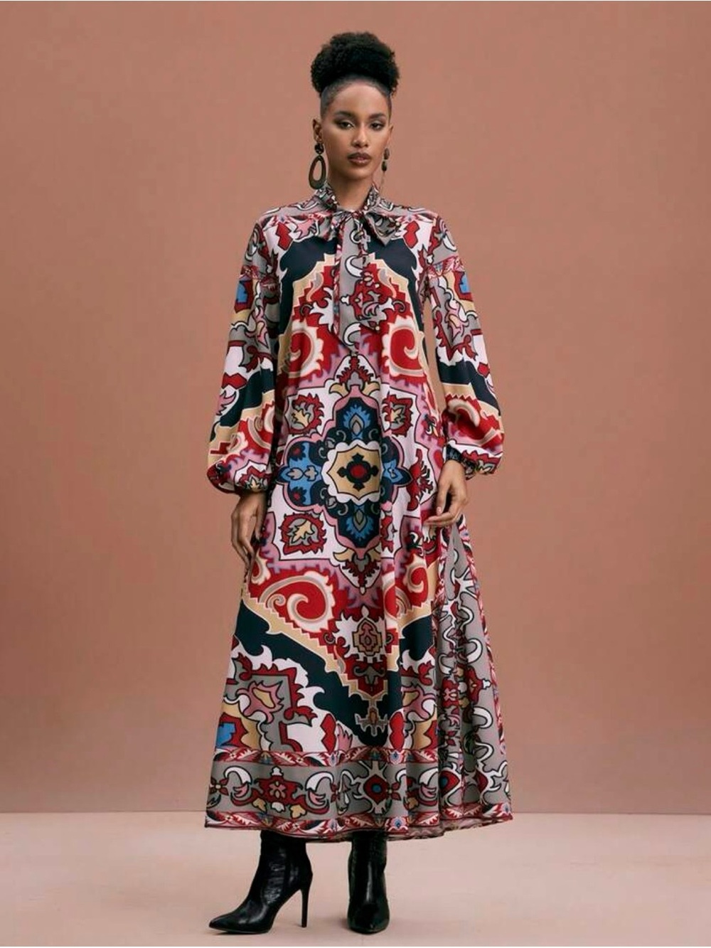 NWOT SHEIN X JIAN LASALA All-Over Print Tie Neck Lantern Sleeve Dress Size Small